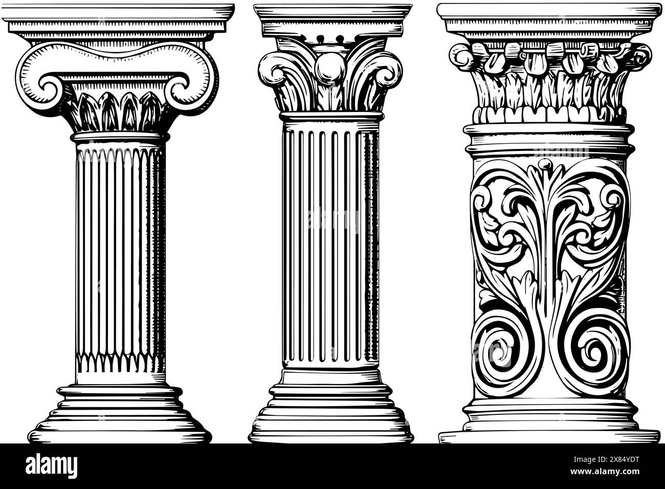 Collezione di colonne antiche: Illustrazioni vettoriali d'epoca di elementi architettonici romani e greci. Illustrazione Vettoriale
