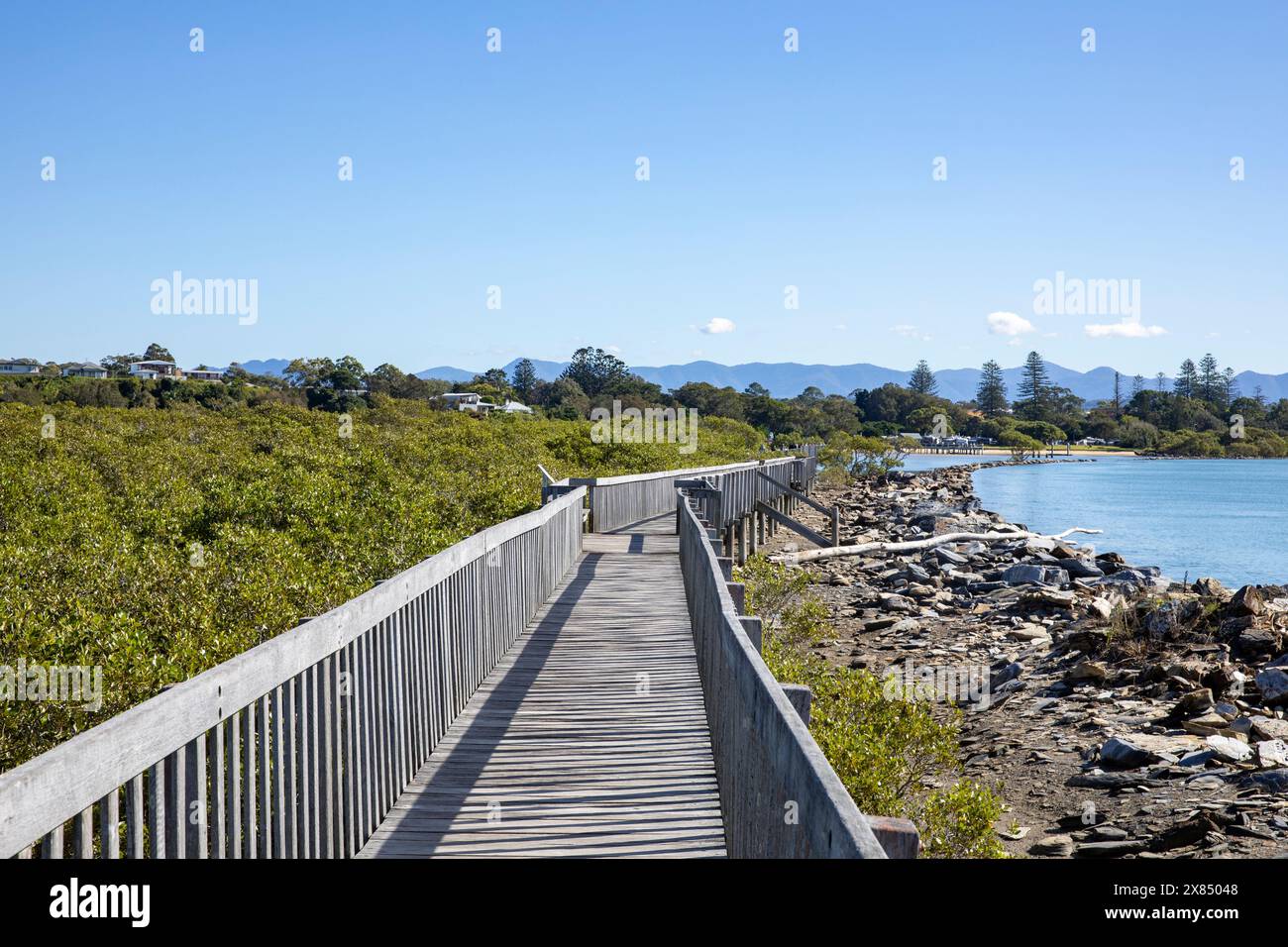 Il passerella pedonale della laguna di Urunga è un percorso di 1 km attraverso le mangrovie per l'Oceano Pacifico e la spiaggia di Urunga, accanto ai fiumi Kalang e Bellinger, NSW, Australi Foto Stock