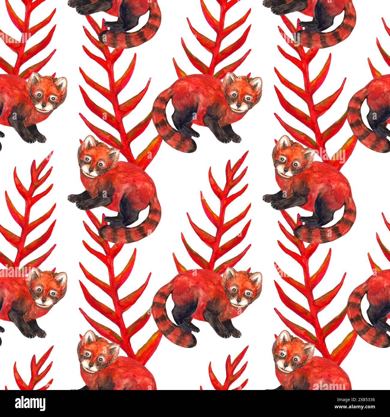 Motivo acquerello senza cuciture. Natura iperrealistica dei tropici dell'Asia - panda rosso e pianta rossa su sfondo bianco Foto Stock