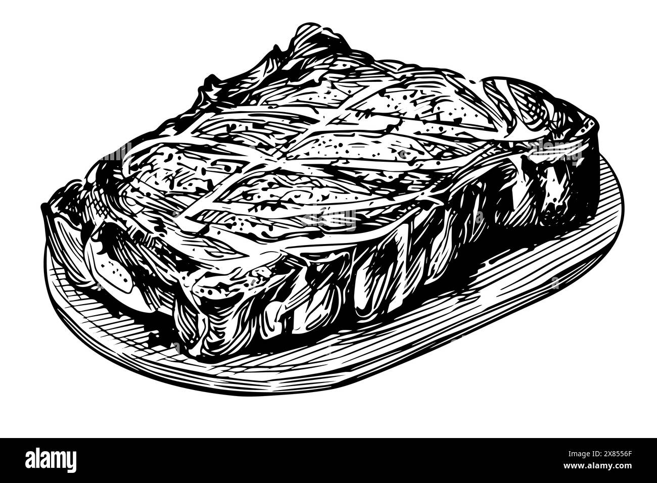 Bistecca incisa in stile schizzo su sfondo bianco. Illustrazione vettoriale vintage. Illustrazione Vettoriale