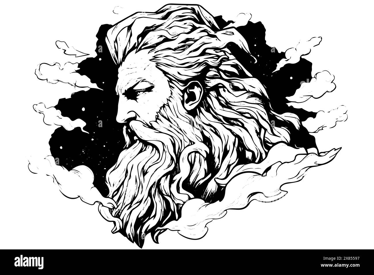 Schizzo con logo disegnato a mano con la testa Zeus. Illustrazione vettoriale incisa. Illustrazione Vettoriale