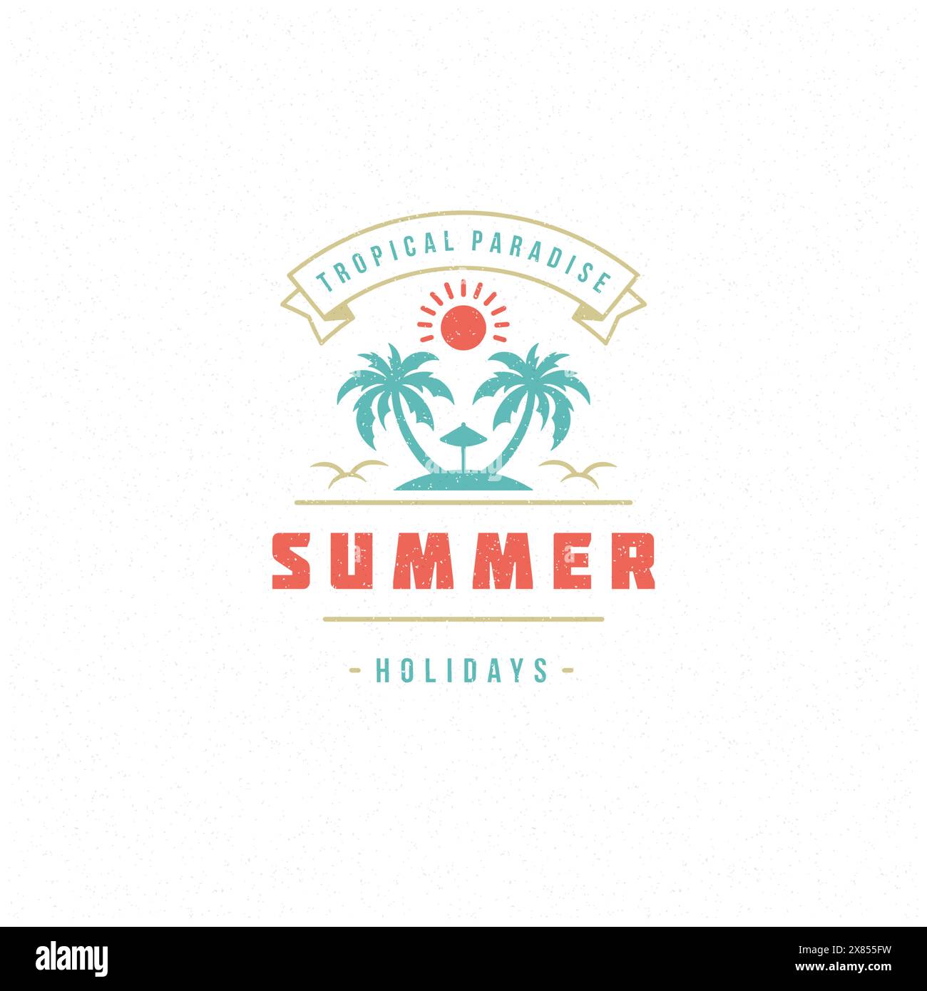 Etichetta o logo tipografico per le vacanze estive, design dello slogan per poster o cartolina di auguri. Simbolo dell'isola tropicale. Illustrazione Vettoriale