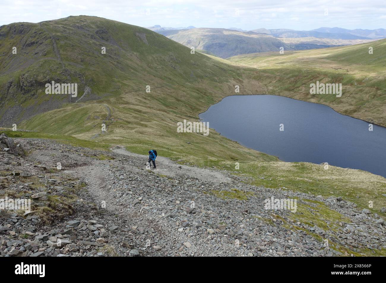 Lone Man (escursionista) camminando fino al Wainwright 'Fairfield' da Grisedale Hause sopra Grisedale Tarn nel Lake District National Park, Cumbria, Inghilterra Foto Stock