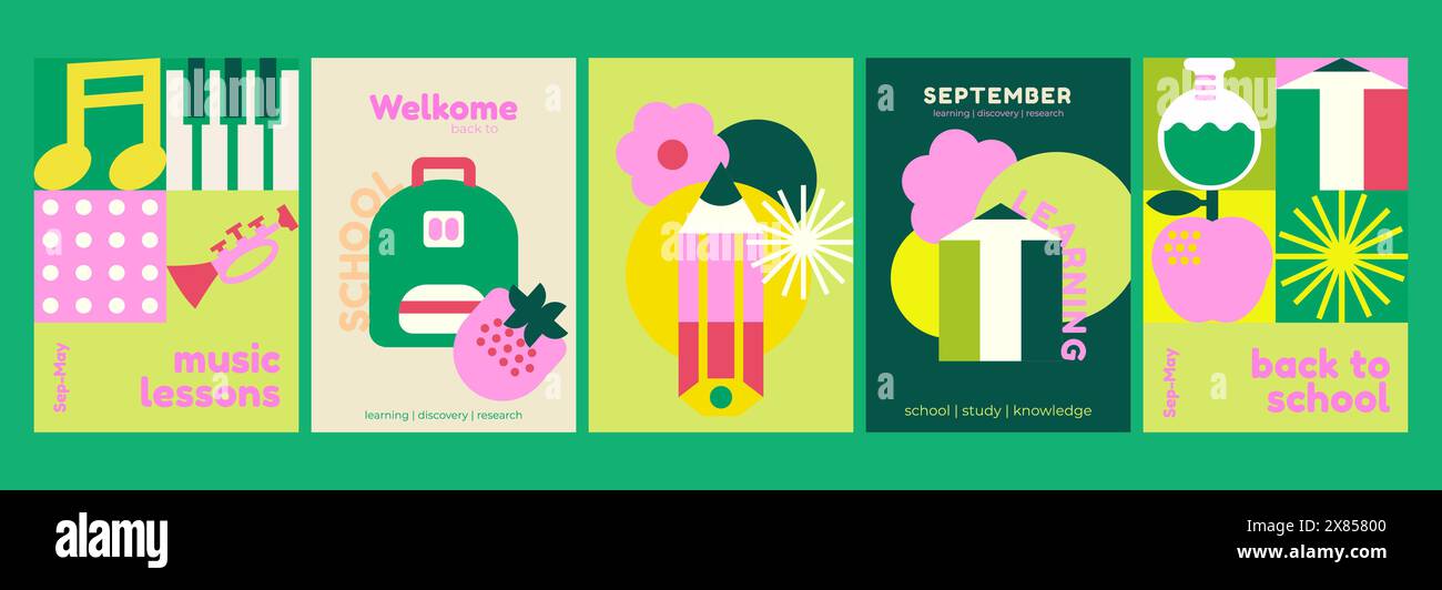 Esperienze scolastiche. Cancelleria, strumenti musicali, matite, zaino. Set di illustrazioni vettoriali piatte. Torna a scuola. Illustrazione Vettoriale