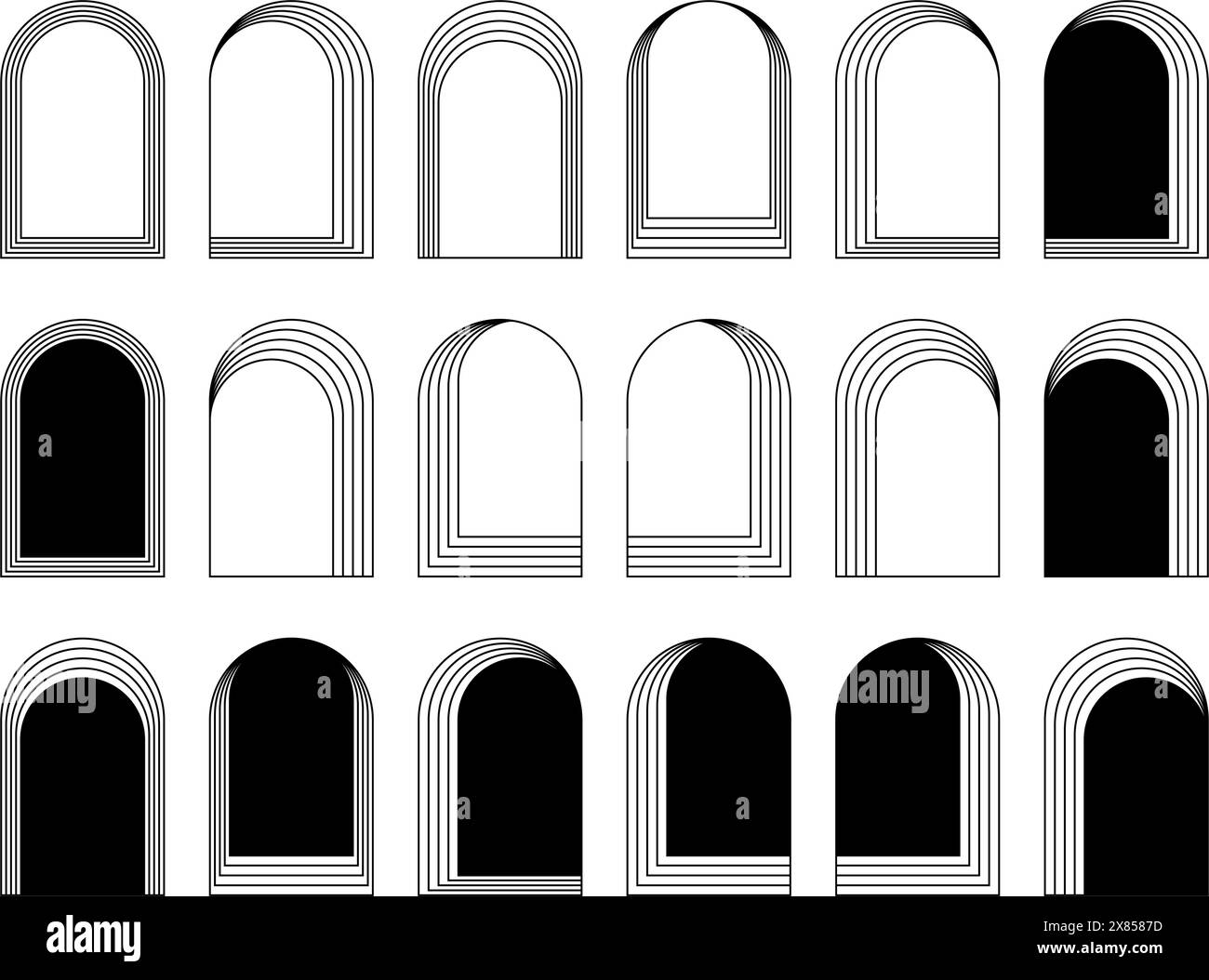 Set di diversi telai ad arco concentrico isolati su sfondo bianco. Forme geometriche ad arco in stile bohémien alla moda. Sagome di finestre, porte o cancelli sotto forma di arco. Illustrazione grafica vettoriale. Illustrazione Vettoriale