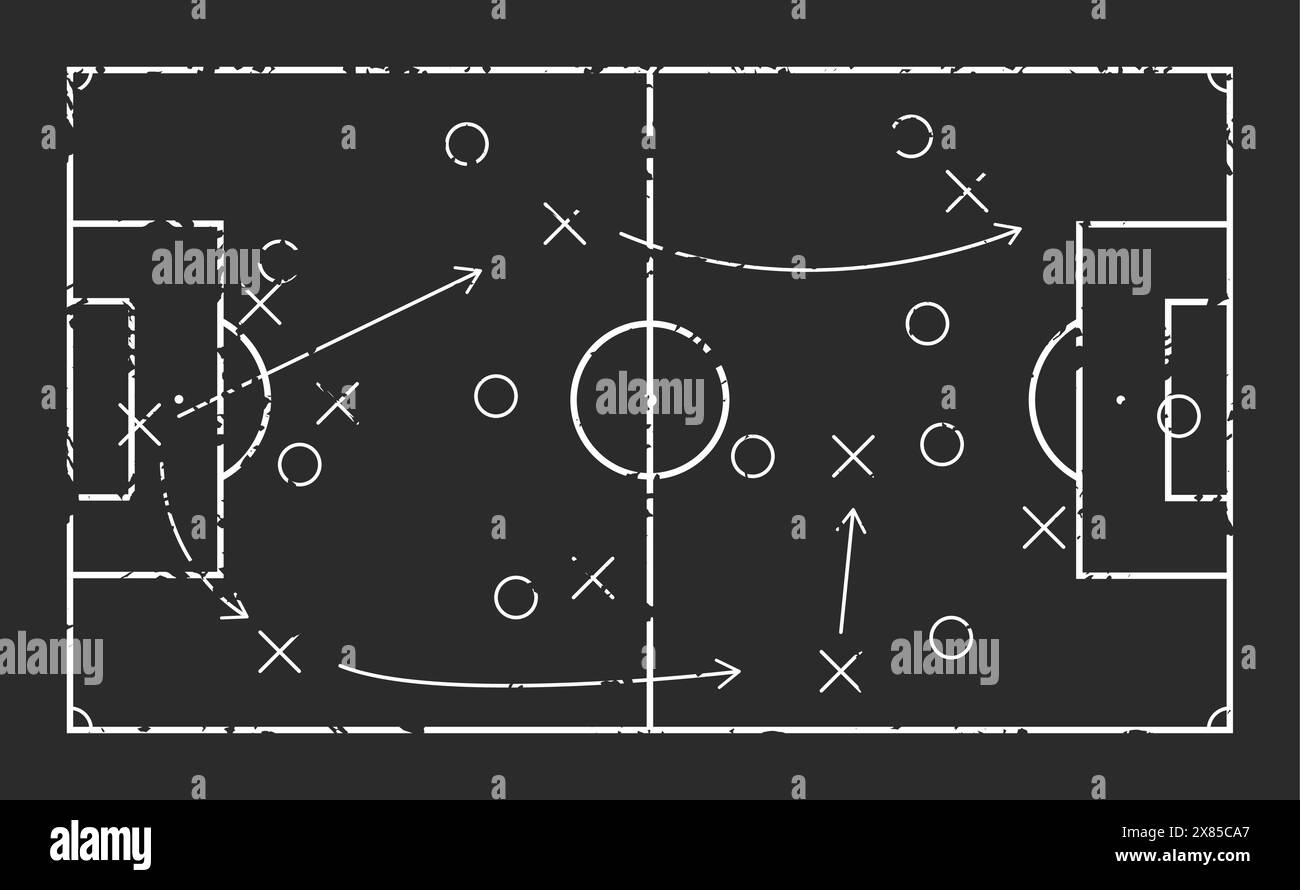 Schema tattico per la squadra di calcio, pareggio con gesso a bordo. Vettore di gioco di build up, piano, strategia sportiva schema, tattica squadra lavagna, calcio, difesa Illustrazione Vettoriale