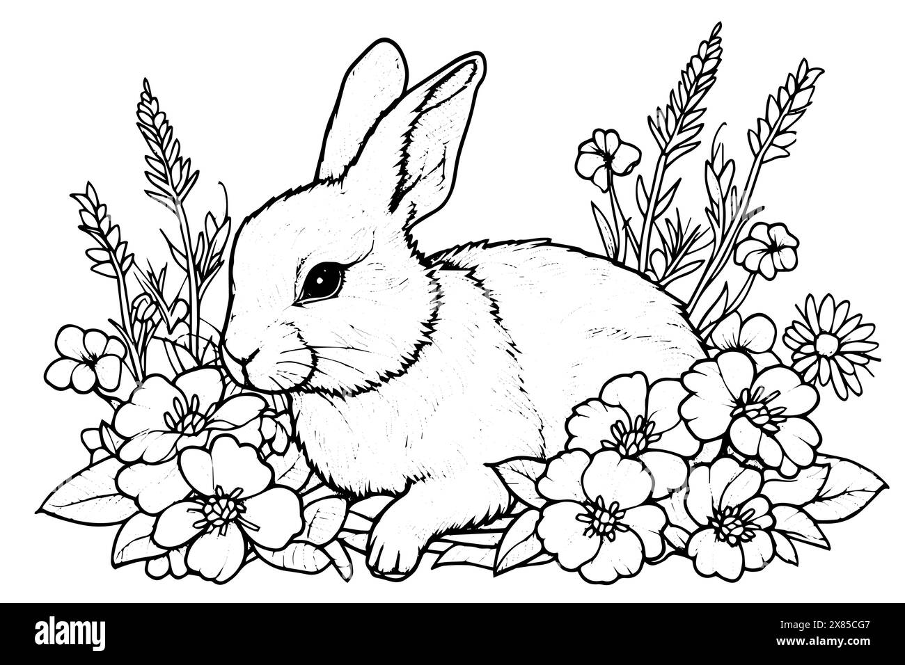 Coniglio pasquale d'epoca e illustrazione floreale: Coniglietto inciso in un giardino primaverile. Illustrazione Vettoriale