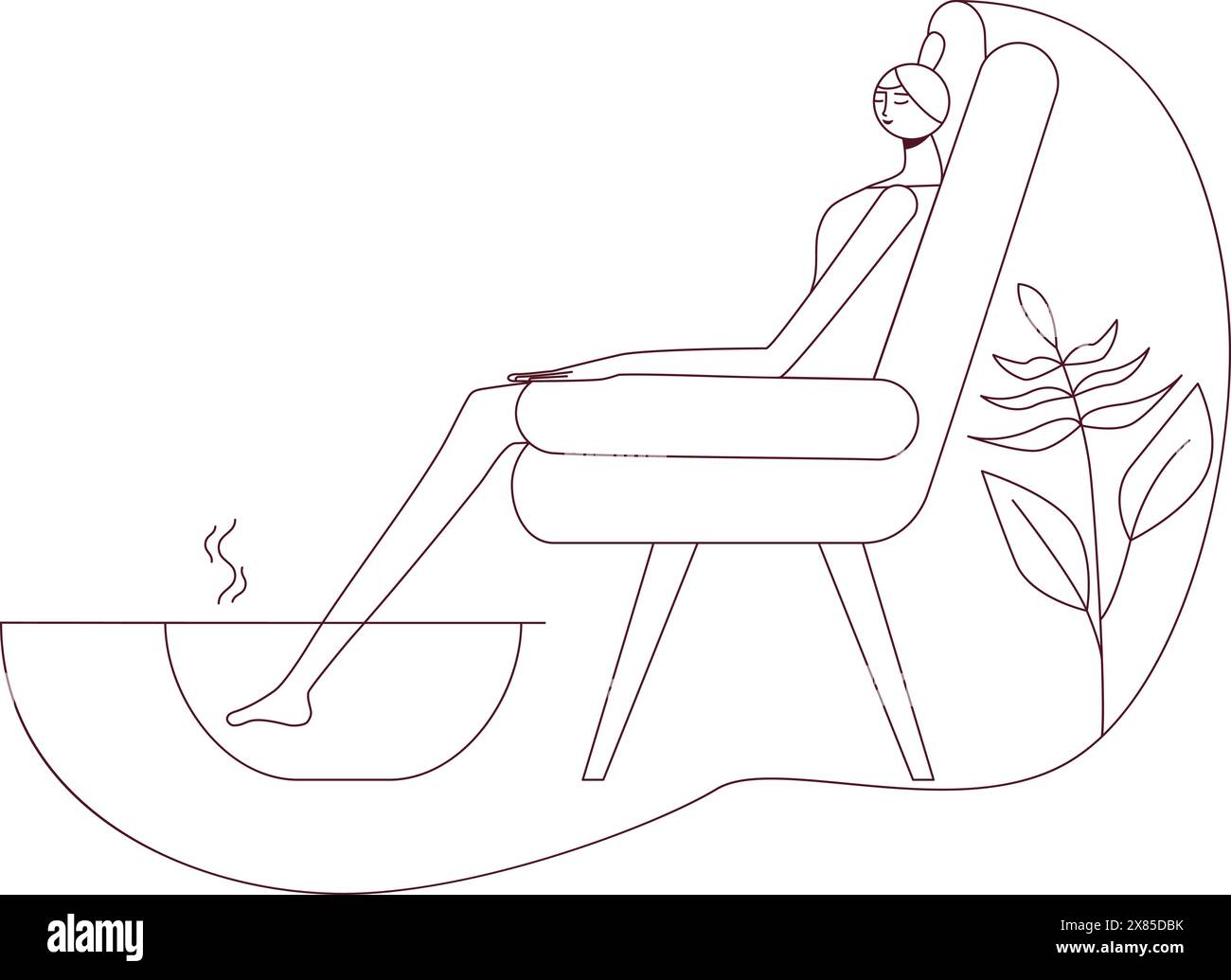Bagni per piedi con oli essenziali. Aromaterapia per le gambe. Design SPA. Disegno del contorno. Illustrazione vettoriale isolata. Illustrazione Vettoriale