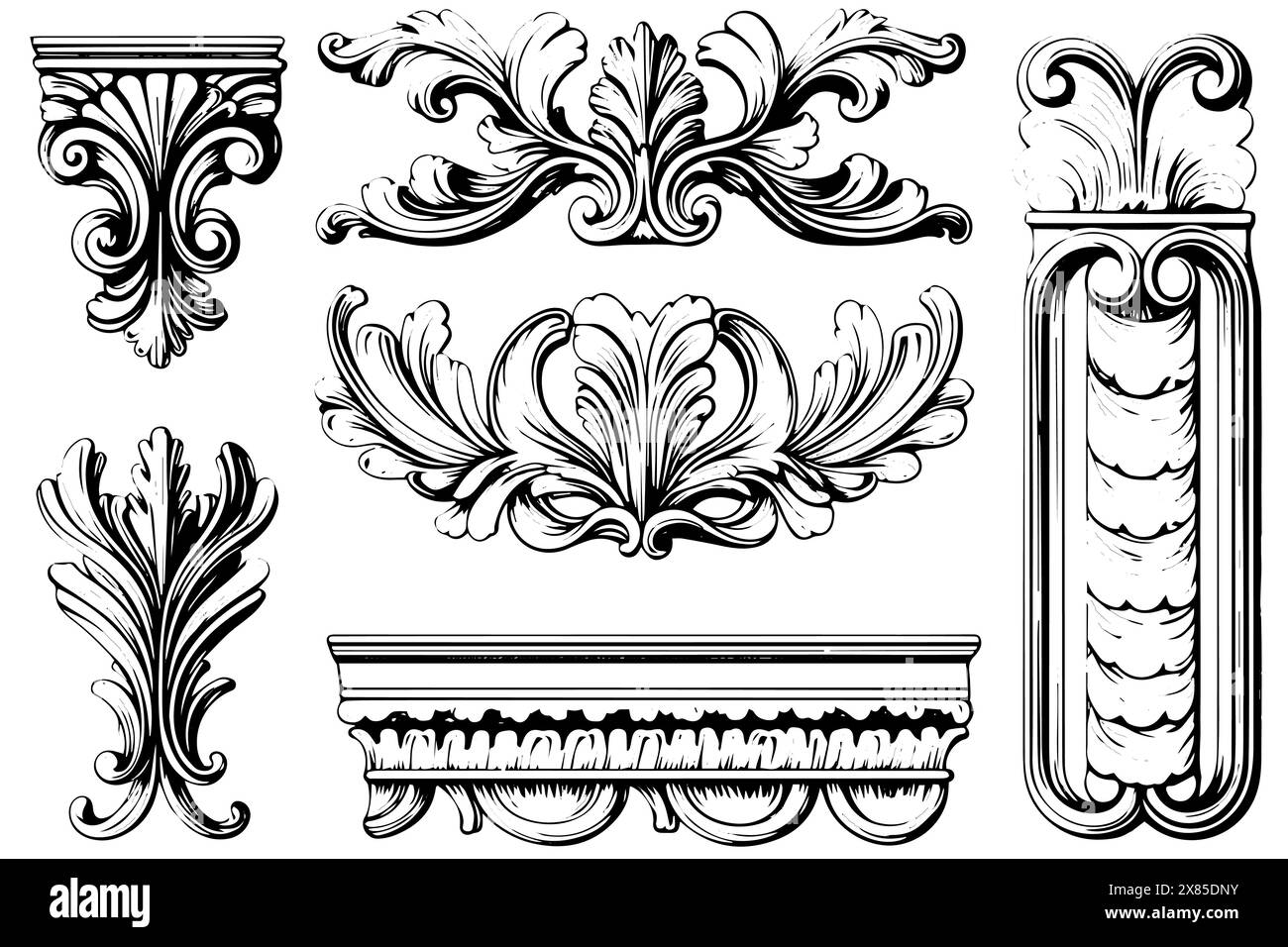 Decorazione barocca d'epoca: Intricate illustrazioni vettoriali dell'elemento Architectural stucco Details. Illustrazione Vettoriale