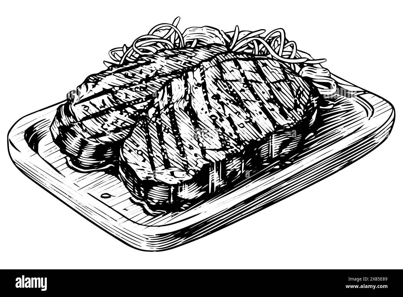 Bistecca incisa in stile schizzo su sfondo bianco. Illustrazione vettoriale vintage. Illustrazione Vettoriale