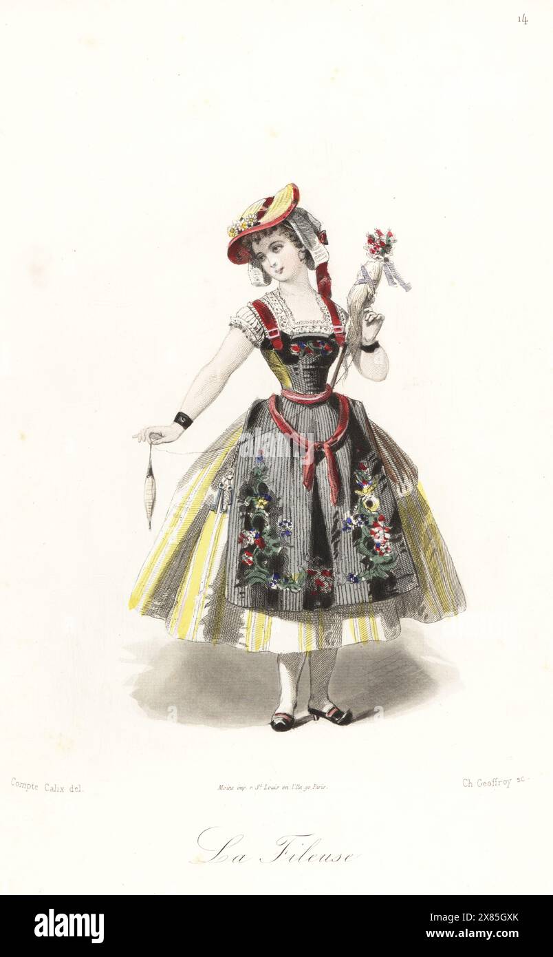 Donna in costume come Spinner. In cappello di paglia, corpetto nero e grembiule ricamato, gonne gialle, filati filati filati filati con mandrino e orla. La Fileuse. Incisione in acciaio colorata a mano di Charles Geoffroy dopo un'illustrazione di Francois Claudius Compte-Calix di Les travestissements élégants, eleganti costumi fantasia, Les Modes Parisiennes, Parigi, 1853. Foto Stock