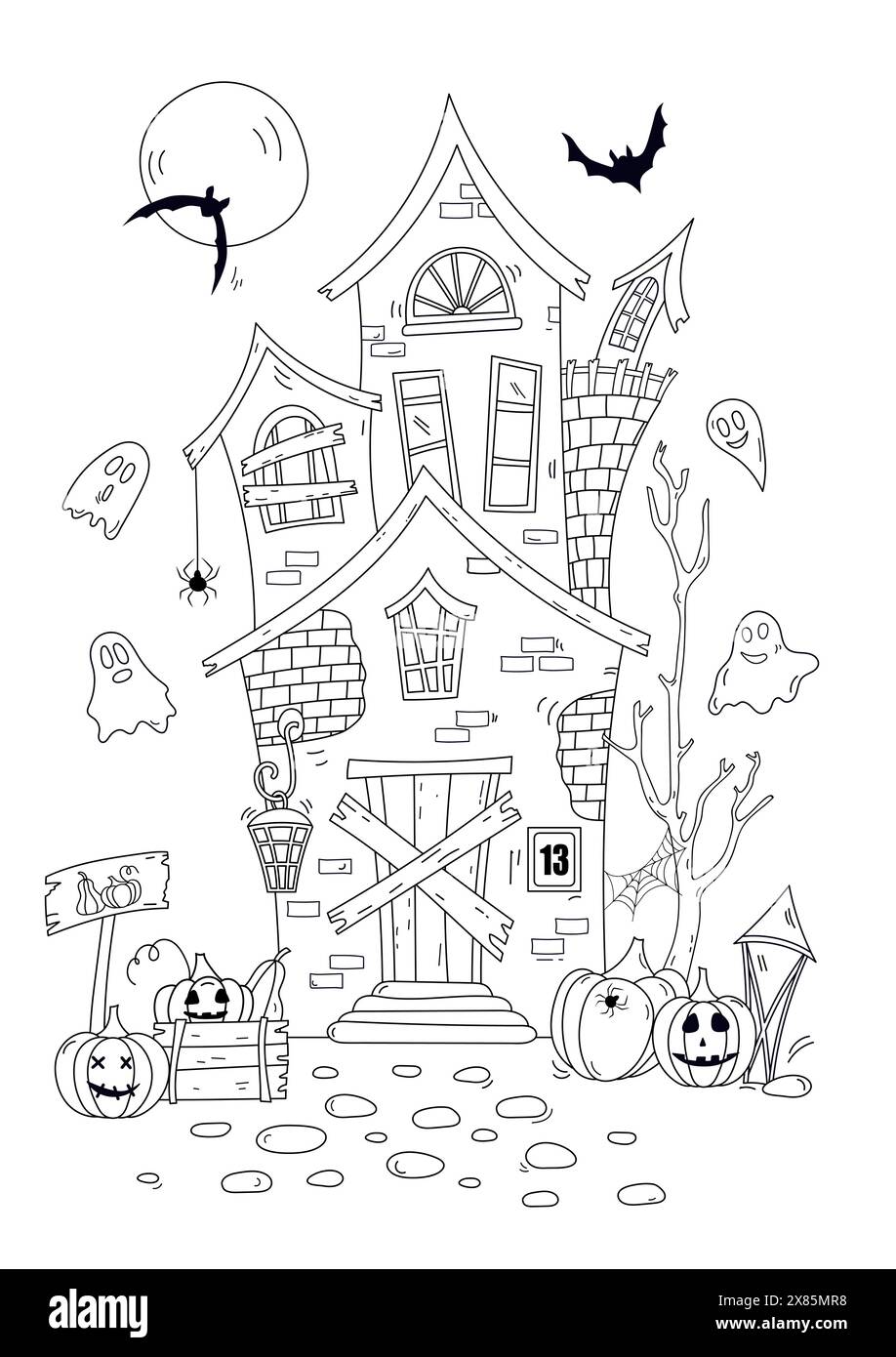 La pagina dei colori presenta la Spooky Halloween House adatta sia ad adulti che a bambini Illustrazione Vettoriale