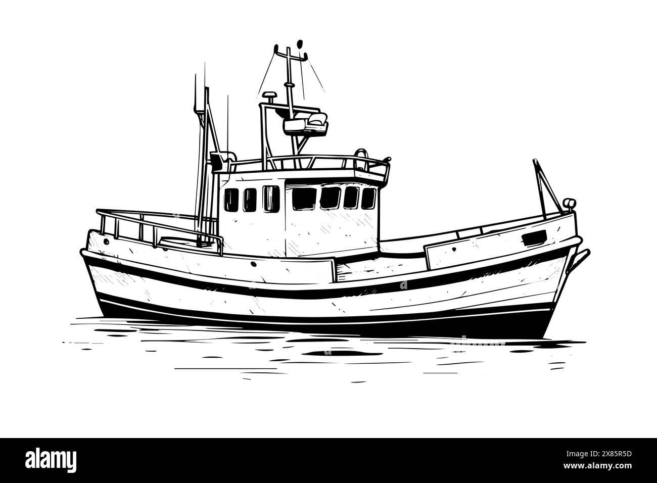 Schizzo vettoriale della nave da pesca. Disegno a mano della crociera marittima. Mega barca. Illustrazione Vettoriale