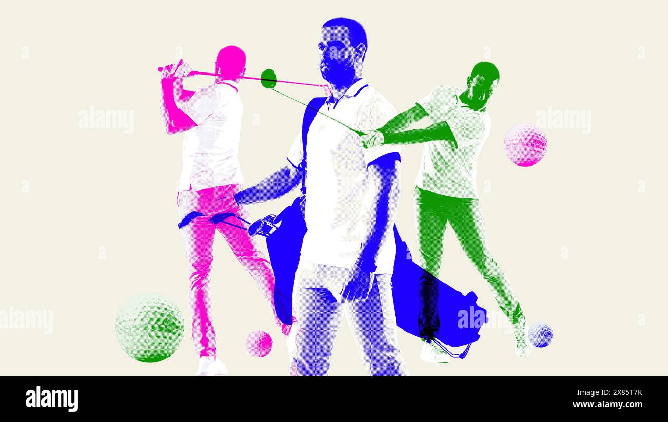 Giocatore multigiocatore, uomo in abbigliamento sportivo con mazze da golf, con applicazione su sfondo beige. Collage d'arte contemporanea. Foto Stock