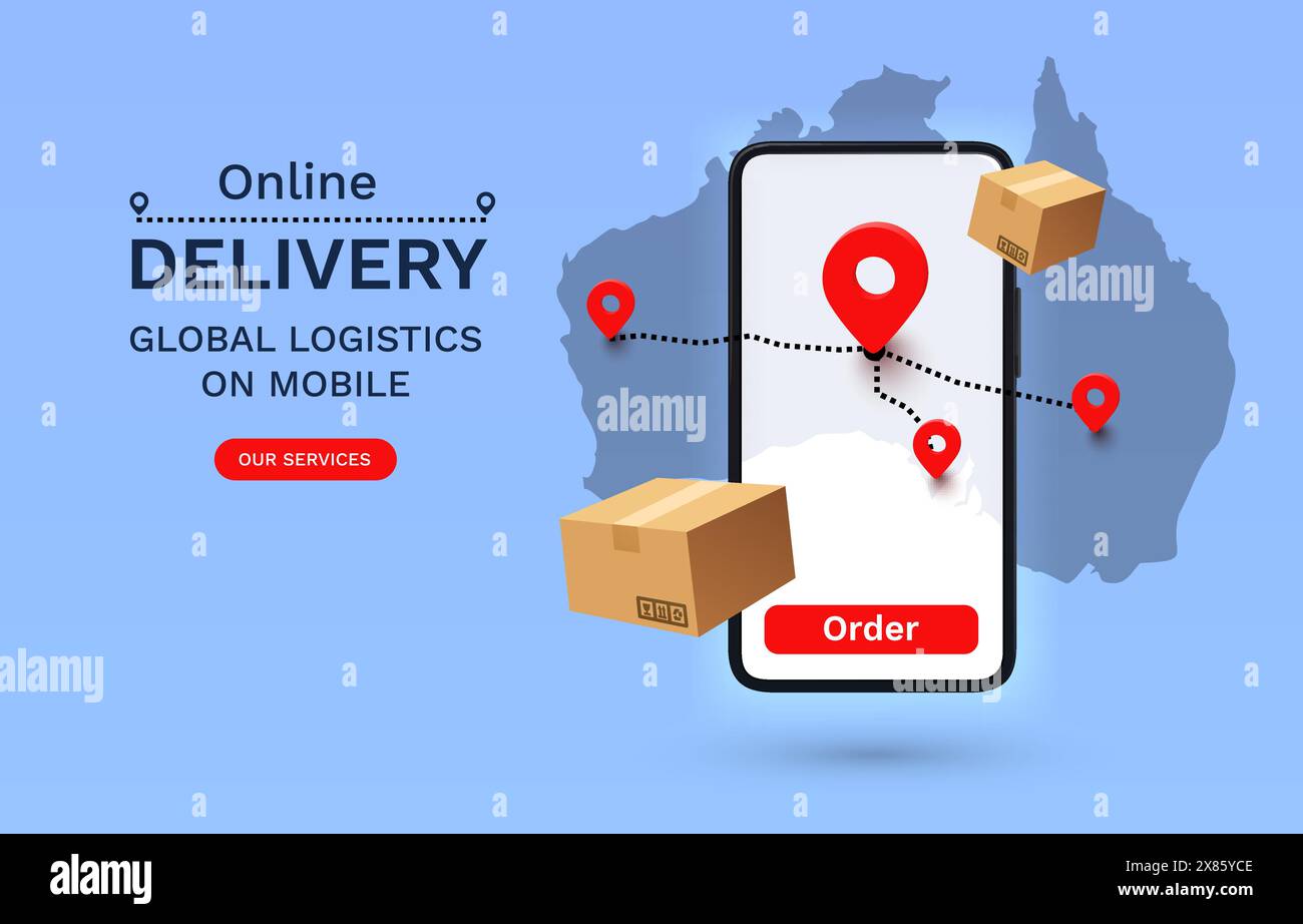 Online Delivery logistica globale su dispositivi mobili, consegna all'interno dell'Australia. Vettore Illustrazione Vettoriale