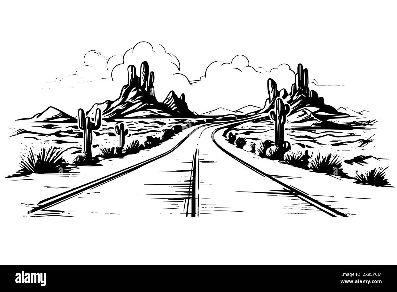 Paesaggio stradale del deserto dell'arizona o del texas con cactus e schizzi vettoriali di montagna d'epoca. Illustrazione Vettoriale