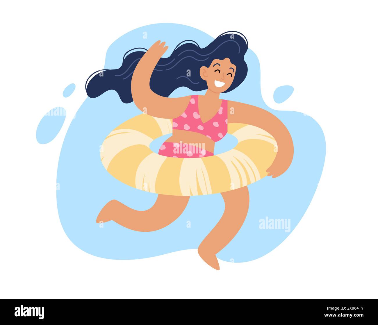 Destinazioni di viaggio estive. Donna felice che corre con un anello di nuoto. Illustrazione del vettore concettuale Illustrazione Vettoriale