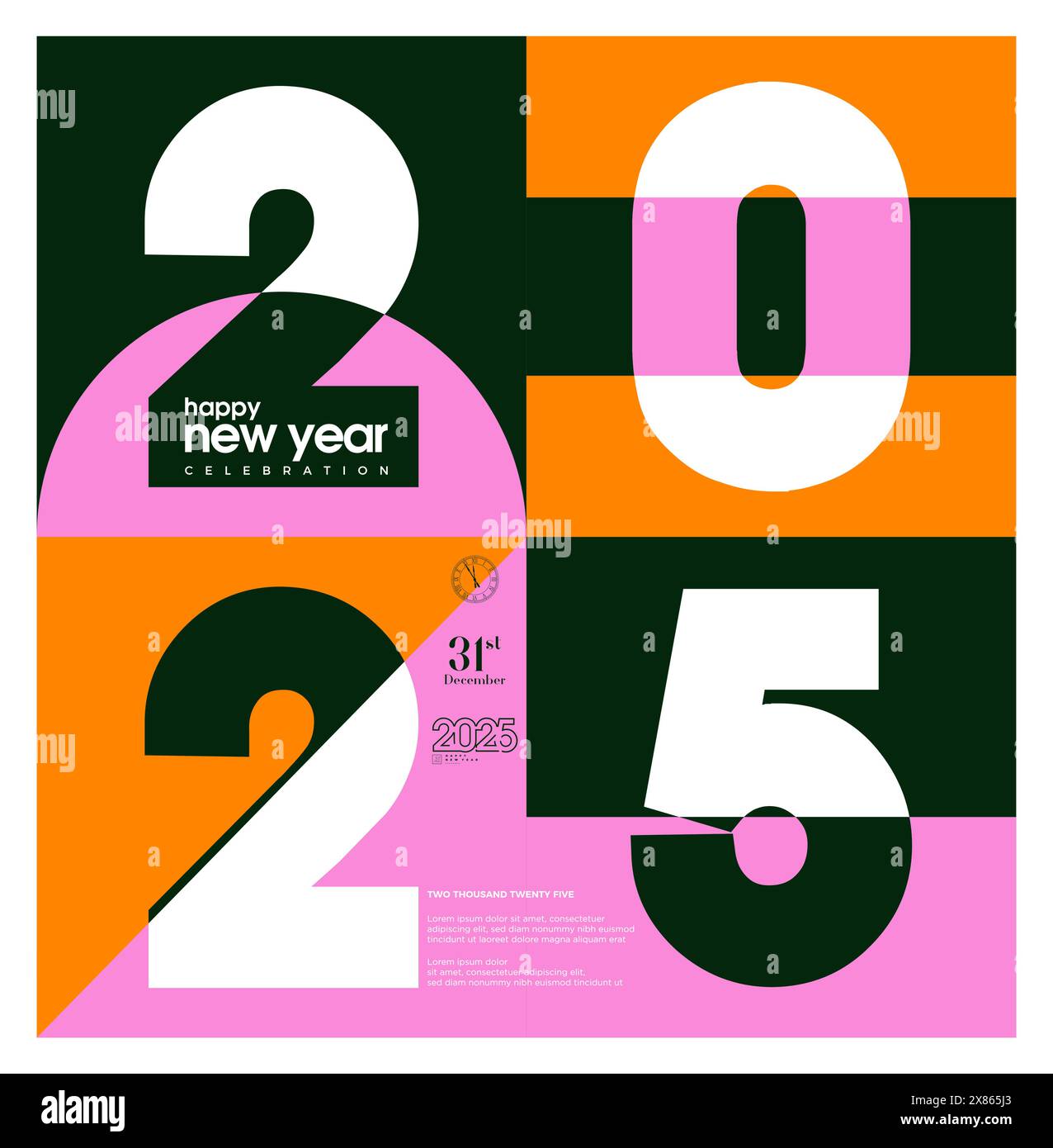 Semplice poster Happy New Year 2025. Design di poster con colori che riflettono una felice celebrazione. design per festeggiare il nuovo anno 2025. 2025 vector premium. Illustrazione Vettoriale