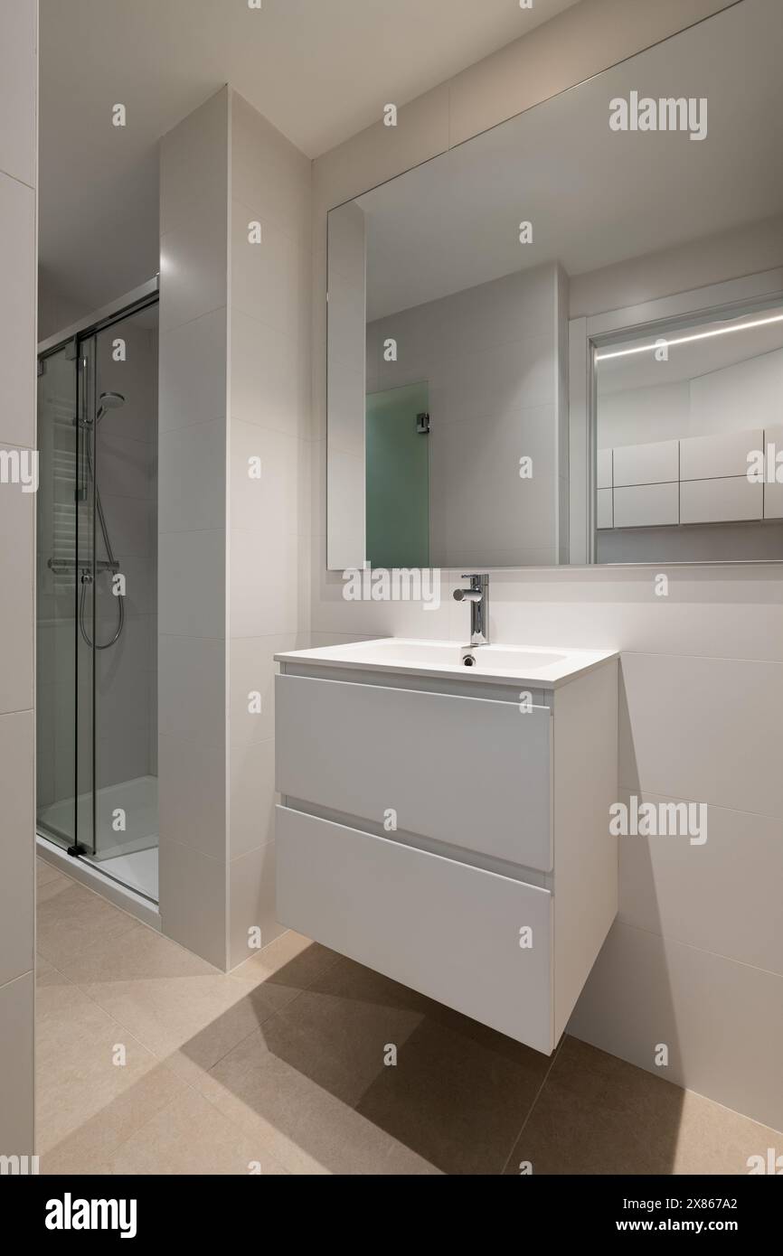 Bagno moderno e minimalista con lavabo bianco e grande specchio con box doccia in vetro Foto Stock