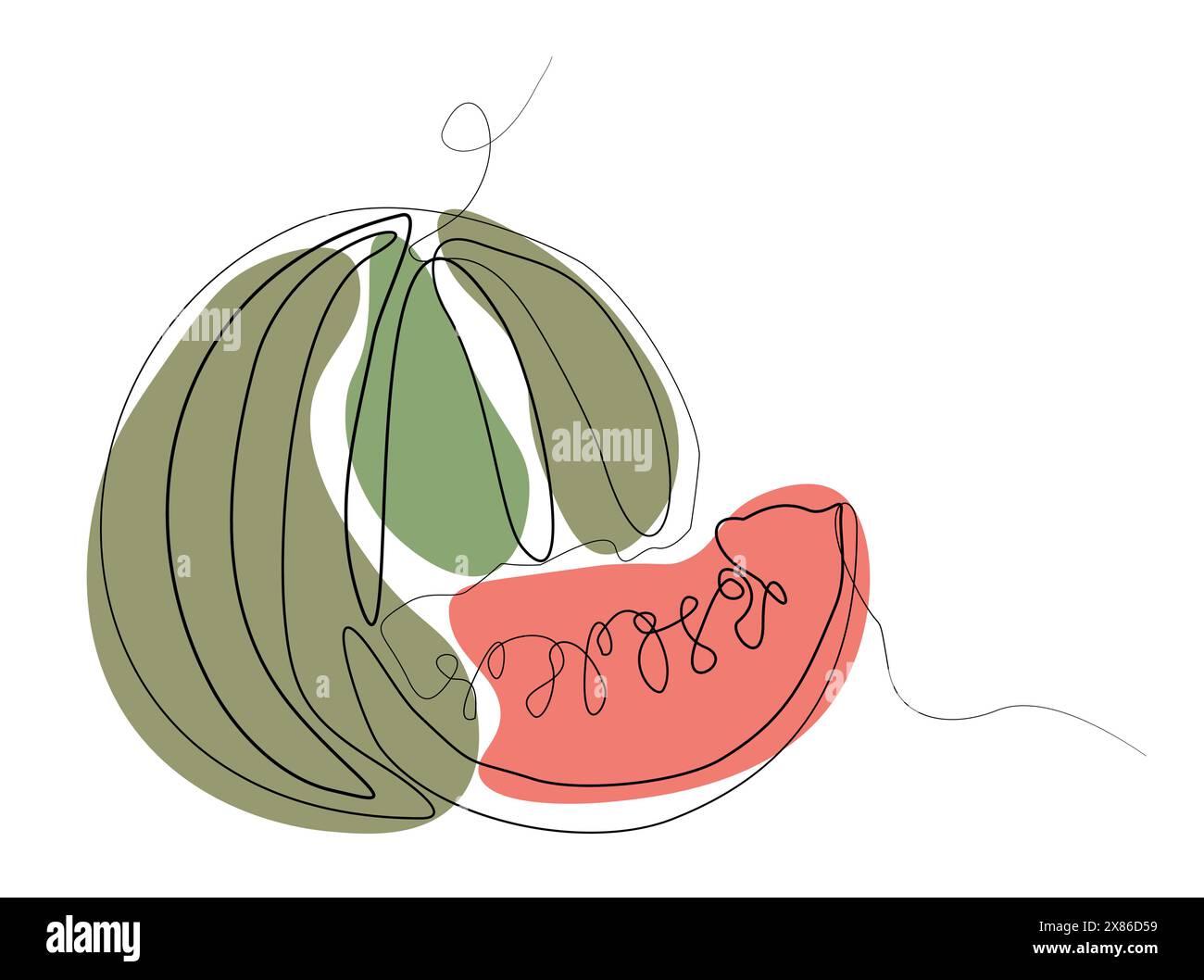 Vettoriale dell'anguria disegno a linea continua con forme astratte a colori. Illustrazione, striscione in stile Memphis moderno. Banner minimalista, sfondo, Illustrazione Vettoriale