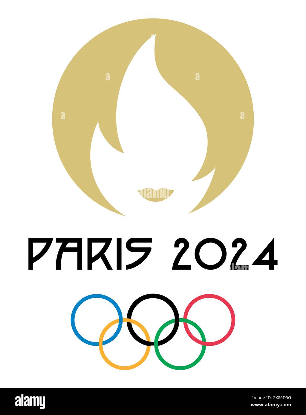 Il logo delle Olimpiadi di Parigi 2024 presenta un emblema di fiamma dorato con un design minimalista, il testo "Paris 2024" e gli iconici anelli olimpici Illustrazione Vettoriale