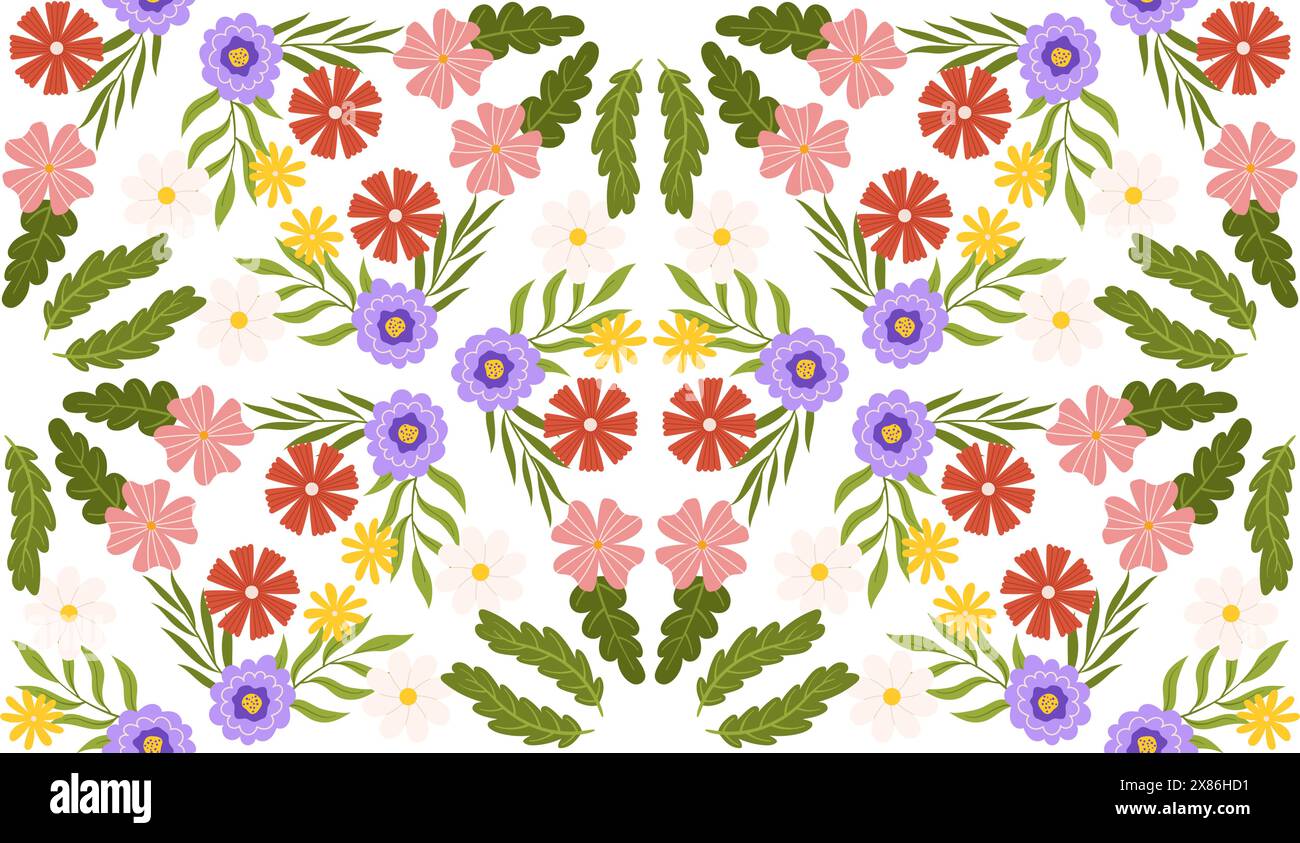 Motivo senza cuciture con elementi floreali. Effetto Kaleidoscope Design ripetuto ispirato alla botanica con fiori, foglie e rami di diversi colori Illustrazione Vettoriale