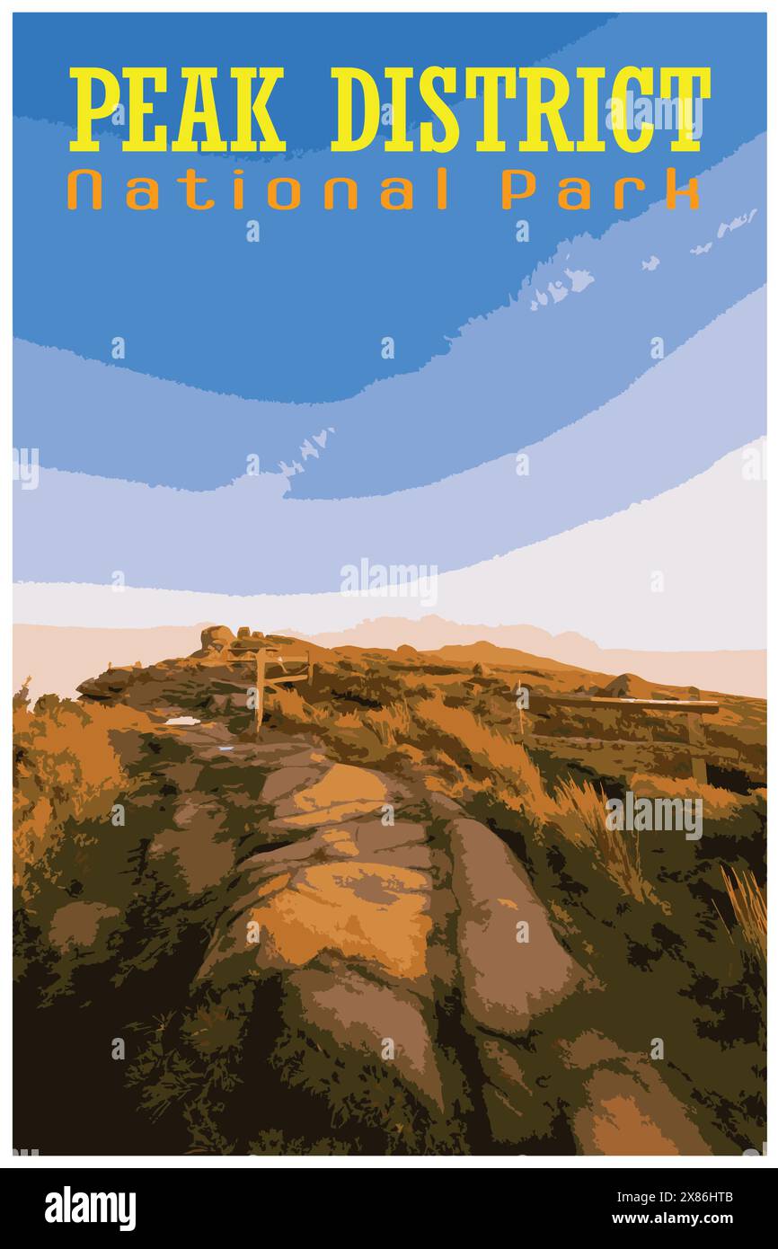 Il WPA ha ispirato un poster di viaggio retrò di un'ora d'oro all'alba presso il Roaches nel Parco Nazionale del Peak District dello Staffordshire, Inghilterra, Regno Unito. Illustrazione Vettoriale