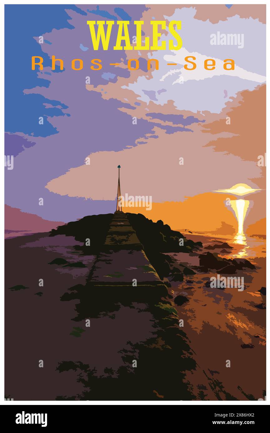 Il WPA ha ispirato un poster di viaggio retrò di una lunga esposizione all'alba di groynes marini presso la località balneare costale di Rhos-on-Sea, Galles, Regno Unito. Illustrazione Vettoriale