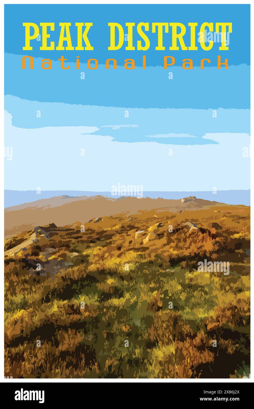 WPA ha ispirato un poster di viaggio retrò dell'alba presso le Roaches nello Staffordshire Peak District National Park, Inghilterra, Regno Unito. Illustrazione Vettoriale