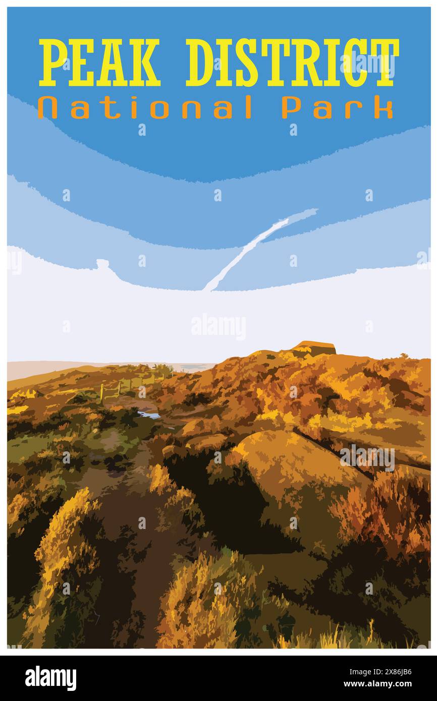 Il WPA ha ispirato un poster di viaggio retrò di un'ora d'oro all'alba presso il Roaches nel Parco Nazionale del Peak District dello Staffordshire, Inghilterra, Regno Unito. Illustrazione Vettoriale