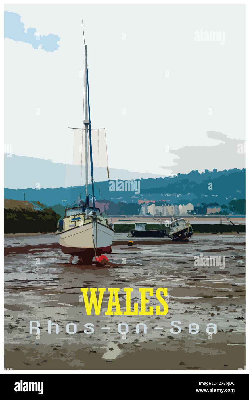 Il WPA ha ispirato il poster di viaggio retrò delle piccole imbarcazioni ormeggiate nel porto di Rhos-on-Sea, Galles, Regno Unito con la bassa marea. Illustrazione Vettoriale