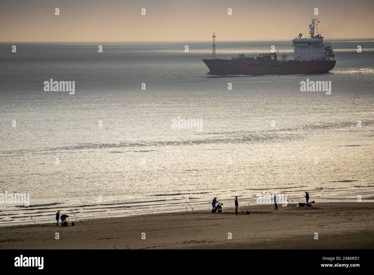 Atmosfera serale sulla spiaggia del Mare del Nord vicino a Zoutelande, Zelanda, pescatori, escursionisti, frangiflutti, nave da carico, Paesi Bassi Foto Stock