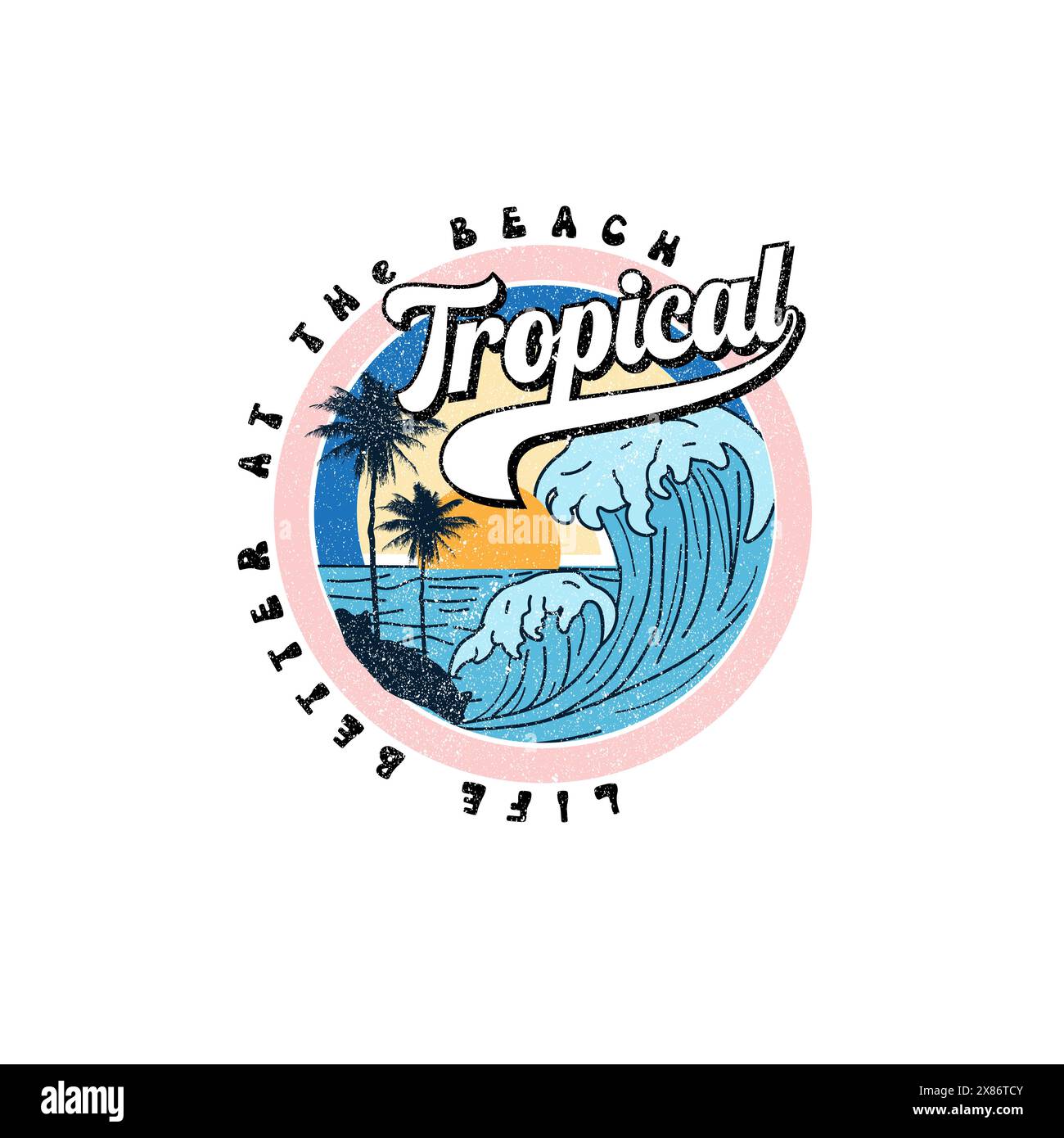 T-shirt dal design grafico tropicale Summer Beach Wave Illustrazione Vettoriale