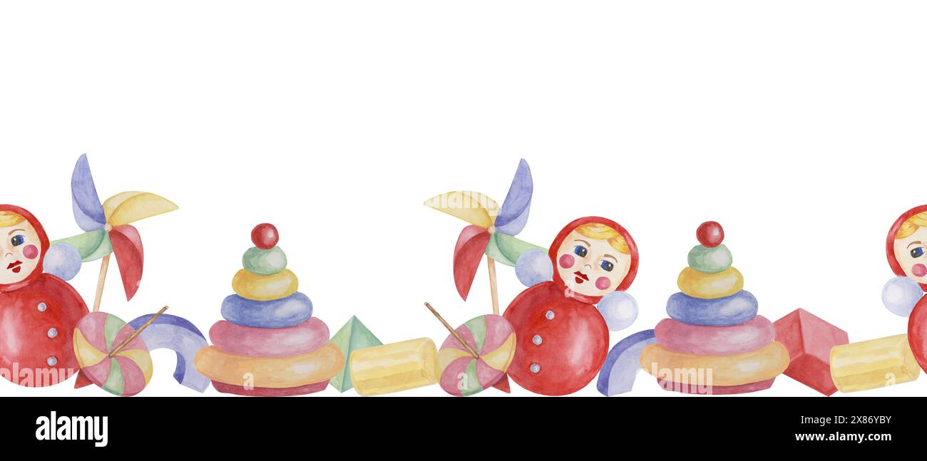 Giocattoli bordo senza cuciture, bambola con ruota dentata, blocchi colorati e anello di fissaggio della scogliera del nastro della torre. Carta da parati con oggetti di gioco ad acquerello per arredamento, tessuti, doccia per bambini, stanza per bambini, carte Foto Stock