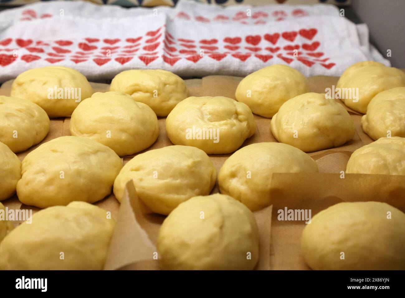 Preparare ciambelle rialzate fatte in casa con lievito - palle di impasto crude prima di friggere. Ciambelle polacche realizzate per le festività di Tlusty Czwartek (giovedì grasso) in Polonia. Foto Stock