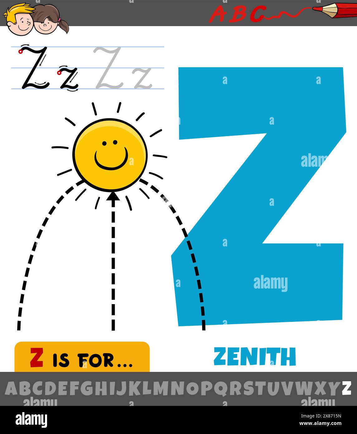Illustrazione cartoni animati educativi della lettera Z dall'alfabeto con il sole allo Zenit Illustrazione Vettoriale
