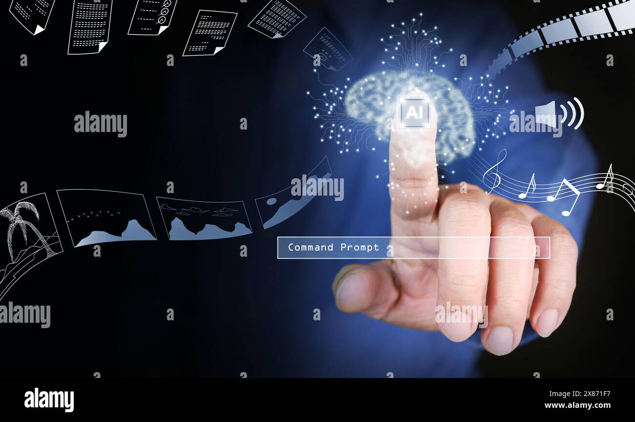Intelligenza artificiale. Tecnologia AI. Un uomo utilizza o attiva la tecnologia ai, il cervello virtuale ai e la barra del prompt dei comandi vengono visualizzati pronti per generare un Foto Stock