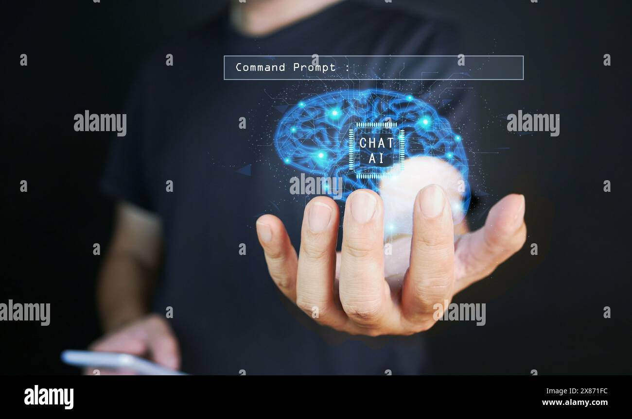 Intelligenza artificiale. Tecnologia AI. Un uomo usa la tecnologia di chat ai sulla sua mano, il cervello virtuale ai e la barra del prompt dei comandi vengono visualizzati pronti per i generi Foto Stock