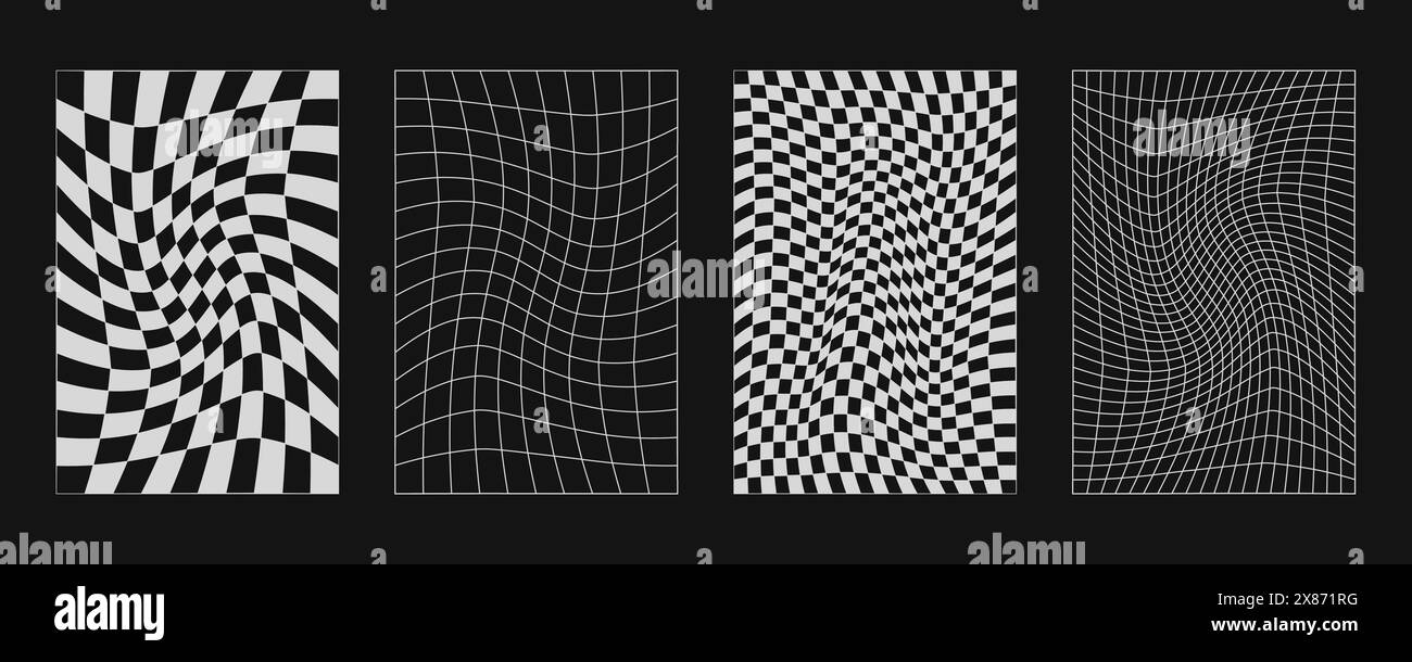 Wireframe astratti, elementi cyberpunk e griglie o sfere bianche prospettiche. Set futuristico dal design geometrico surreale. Forme y2k psichedeliche. Rave V Illustrazione Vettoriale