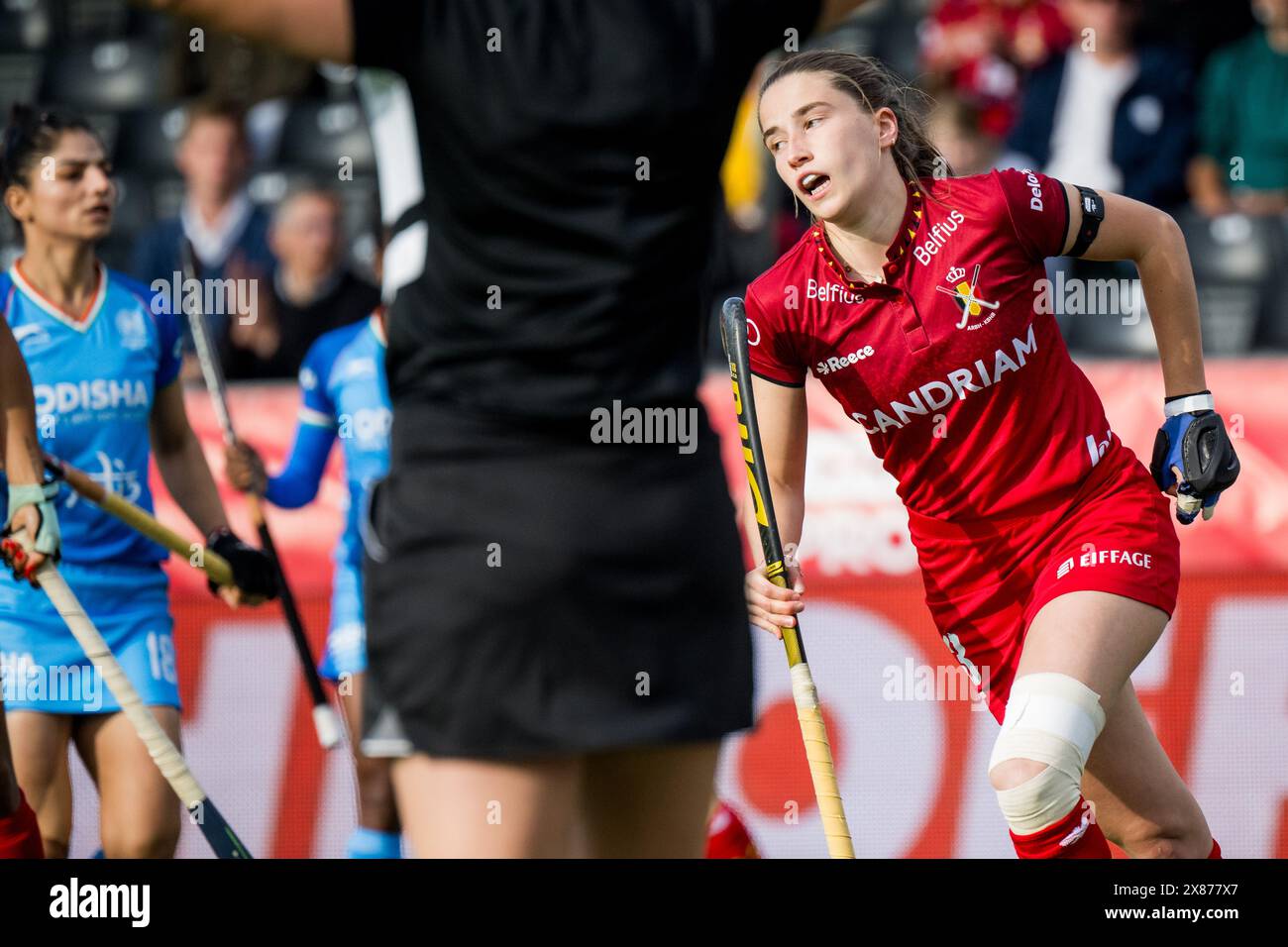 Anversa, Belgio. 23 maggio 2024. Il belga Alexia 't Serstevens reagisce durante una partita di hockey tra la nazionale belga Red Panthers e l'India, partita 6/16 nella fase a gironi della FIH Pro League 2024, giovedì 23 maggio 2024, ad Anversa. BELGA PHOTO JASPER JACOBS credito: Belga News Agency/Alamy Live News Foto Stock
