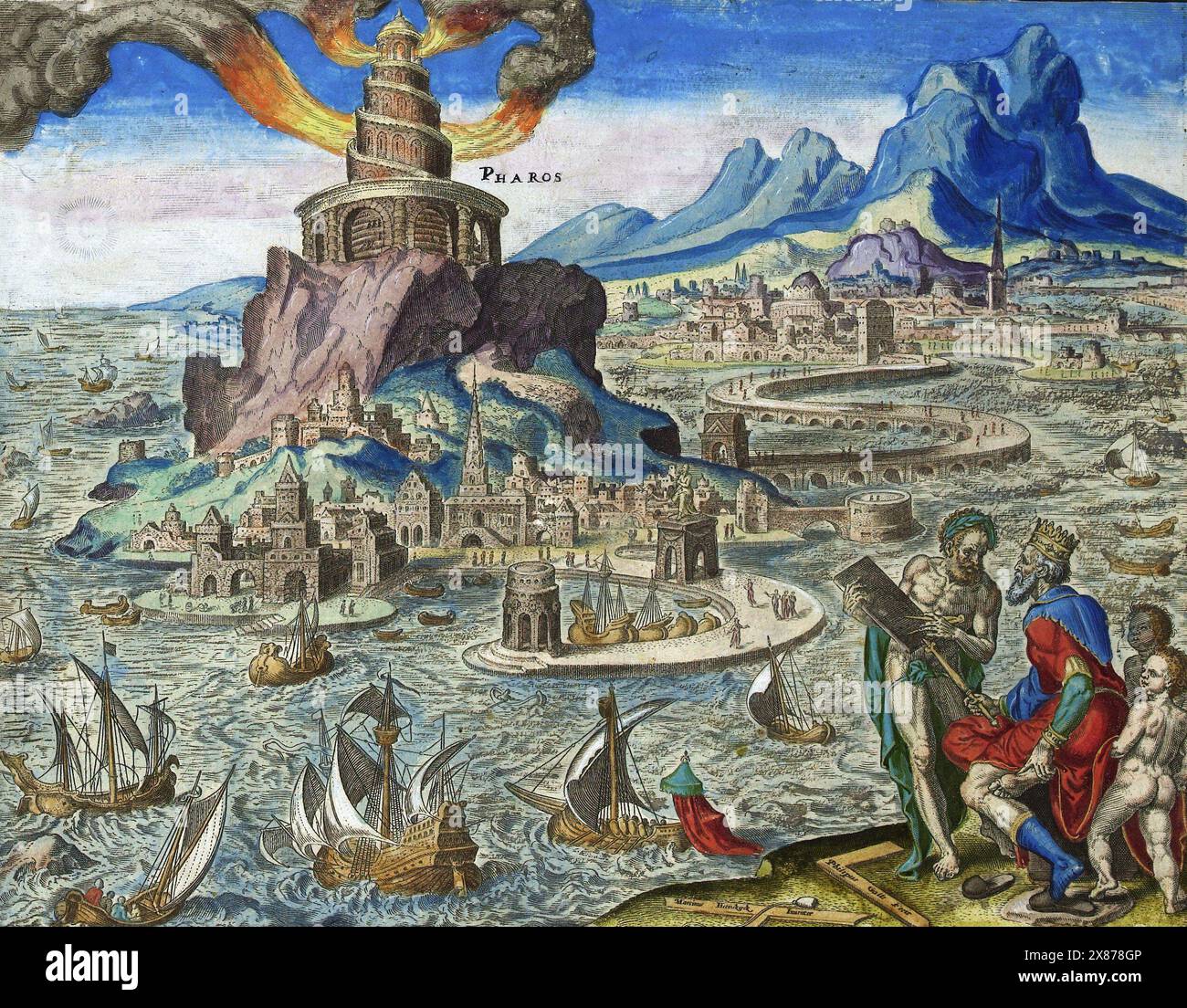 Il faro di Alessandria, illustrazione di Philip Galle, 1572 Foto Stock