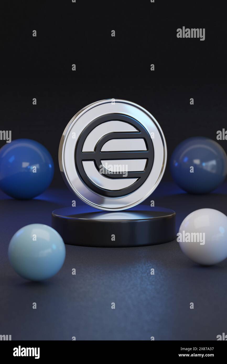 Buenos Aires, Argentina; 5 maggio 2024: Wordcoin in tre dimensioni su sfondo scuro. illustrazione 3d. Foto Stock