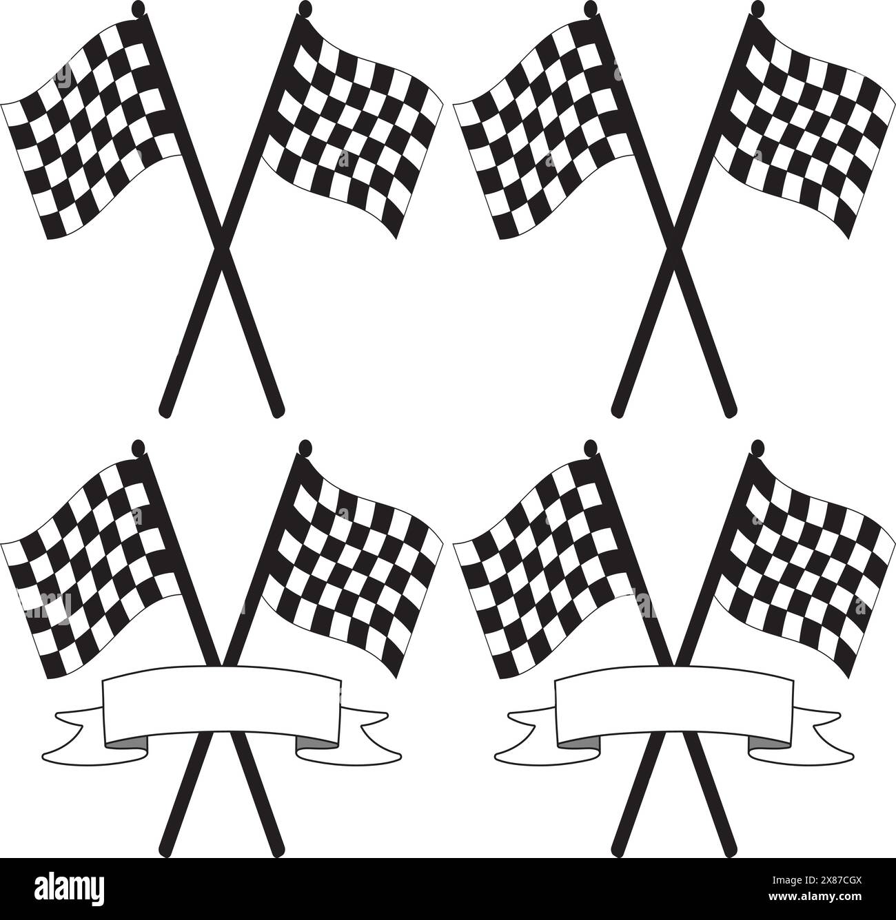 Bandiera a scacchi, illustrazione vettoriale a scacchi con e senza banner. Sia bianco che nero Illustrazione Vettoriale
