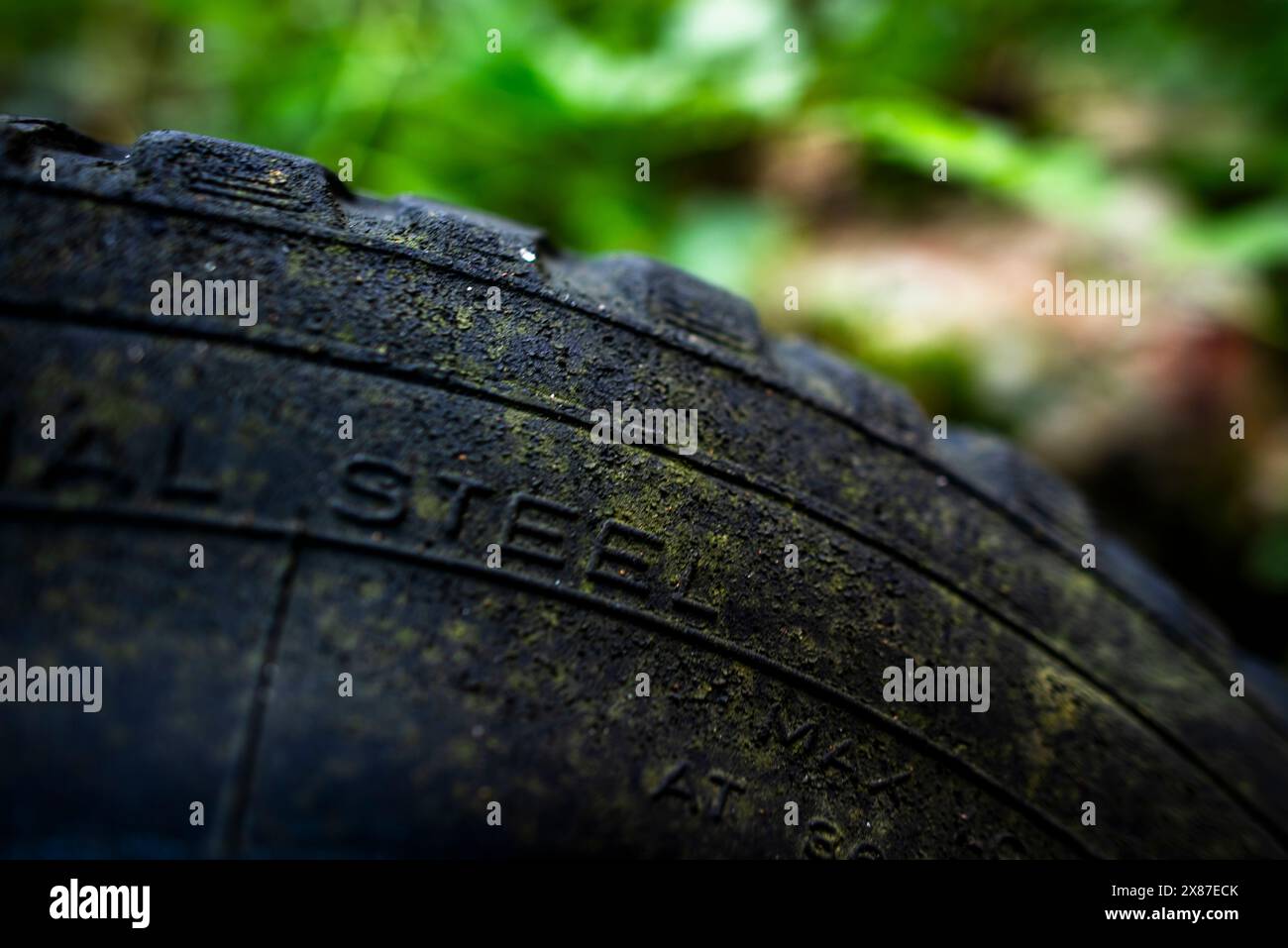 primo piano di una vecchia ruota di un'auto con pneumatico nero rovinato e cerchione arrugginito con vernice sbucciante Foto Stock