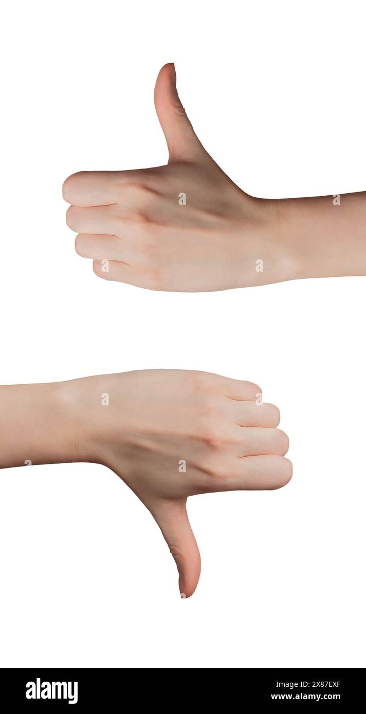 Mi piace o non ama i gesti della mano. Segno negativo positivo positivo positivo positivo positivo positivo positivo positivo verso l'alto e verso il basso. Buon, a differenza del simbolo sì, feedback negativo. Il set Thumbup consiglia la linea di reclamo. Oka Foto Stock