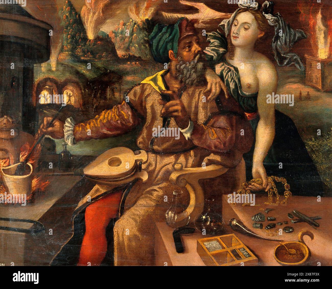 Una giovane donna, forse Prudentia, alchimista, alchimista, alchimia, alchimia, pericoli di abusare del fuoco: In fondo fuochi infuria in edifici e miniere. Pittura ad olio dopo Marten de Vos. Vos, Maarten de, 1532-1603. Foto Stock