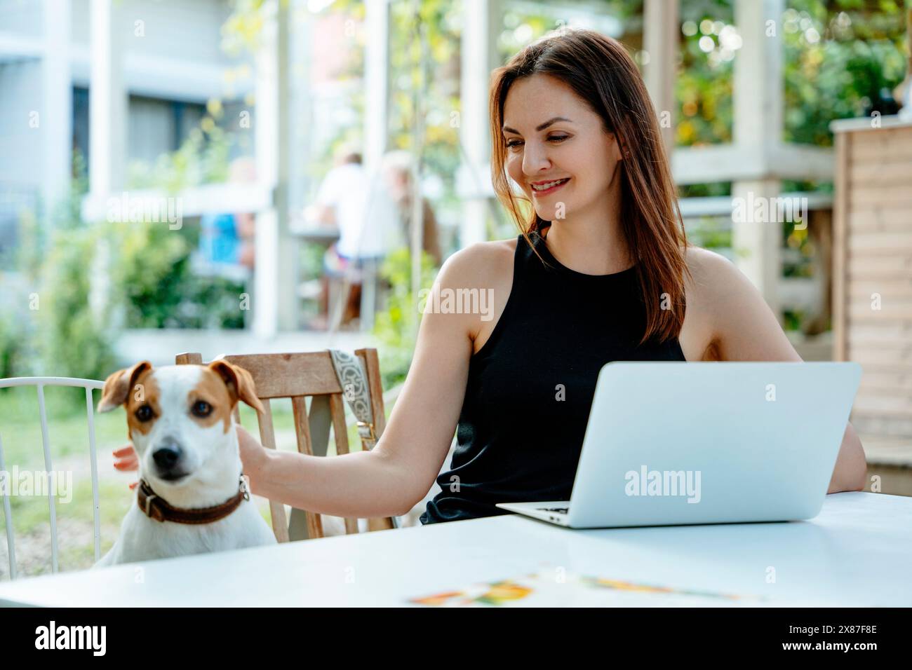 Donna sorridente seduta con un portatile che guarda il cane del terrier Jack Russell nel cortile posteriore Foto Stock