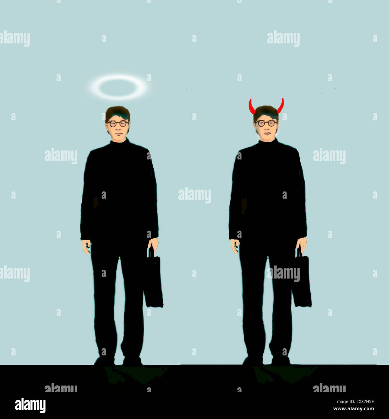 Illustrazione di due uomini d'affari con corna del diavolo e alone sulla testa su sfondo blu Foto Stock