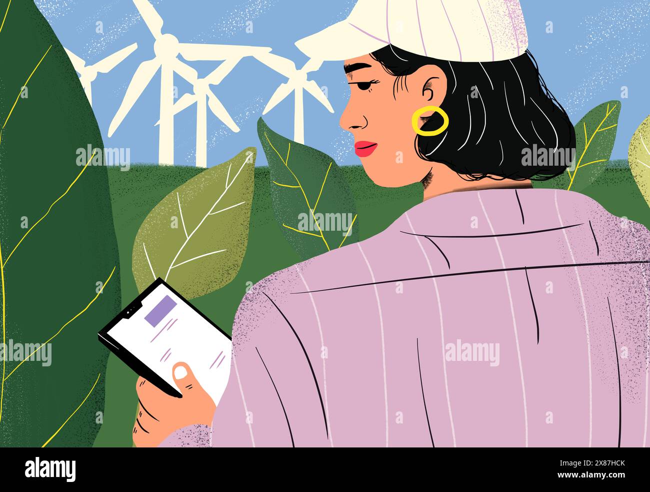 Agronomo con tablet PC presso turbine eoliche in campo verde Foto Stock Agronomo con tablet PC presso turbine eoliche in campo verde Foto Stock