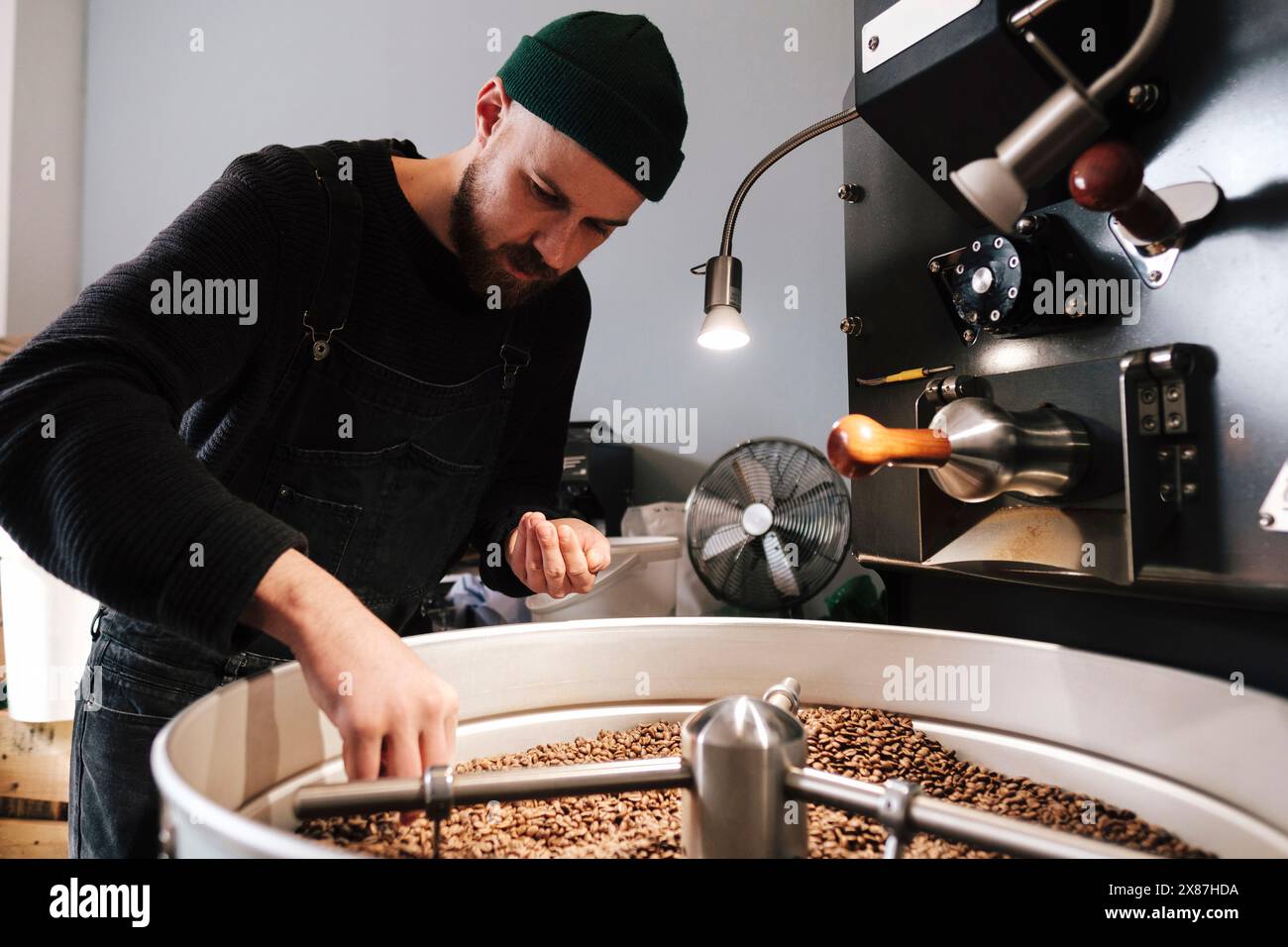 Torrefazione del caffè esame dei chicchi di caffè in fabbrica Foto Stock